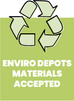 Green button saying enviro depots materials accepted. There is an illustration above the text that is a recycling symbol.