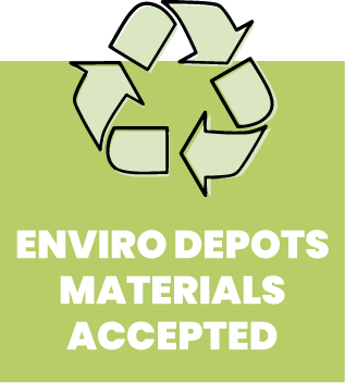 Green button saying enviro depots materials accepted. There is an illustration above the text that is a recycling symbol.