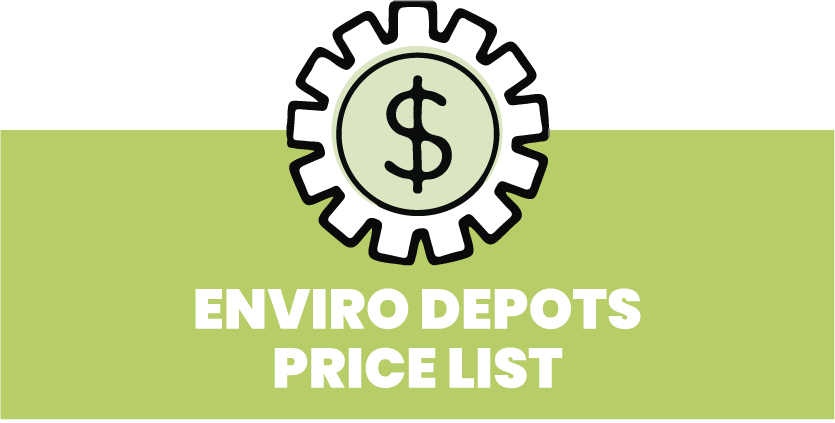 Green button saying enviro depots price list. There is an illustration above the text that is a cog with a dollar sign in the centre.