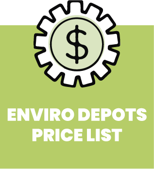 Green button saying enviro depots price list. There is an illustration above the text that is a cog with a dollar sign in the centre.