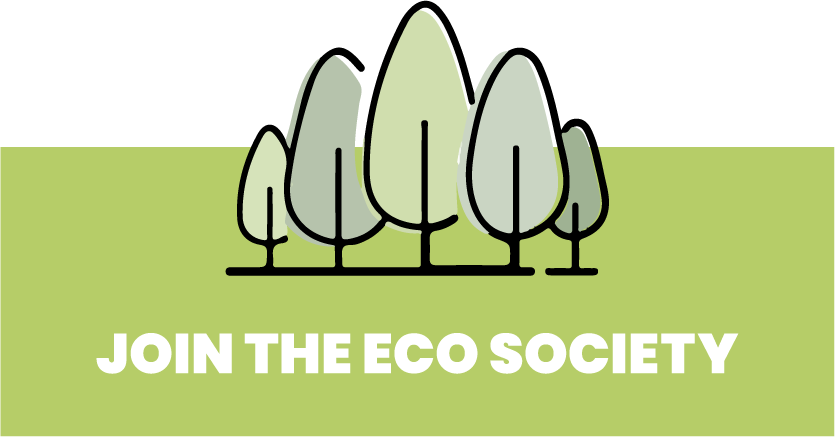 Green button saying join the eco society. There is an illustration above the text that is five trees.