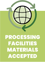 Green button saying processing facilities materials accepted. There is an illustration above the text that is the earth with three arrows circling it.