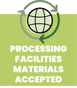 Green button saying processing facilities materials accepted. There is an illustration above the text that is the earth with three arrows circling it.