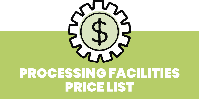 Green button saying processing facilities price list. There is an illustration above the text that is a cog with a dollar sign in the centre of it.