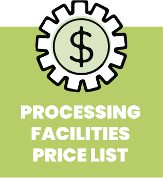 Green button saying processing facilities price list. There is an illustration above the text that is a cog with a dollar sign in the centre of it.